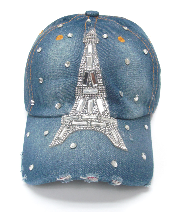 Rhinestone worn denim baseball cap - eiffel tower