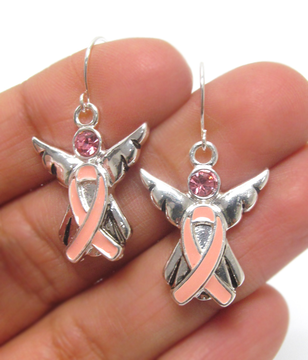 Pink ribbon angel fish hook earrings