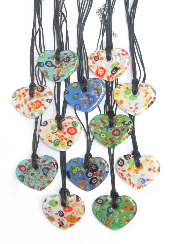 Assort color murano glass style heart pendant necklace - 12 pc dozen pack mens jewelry
