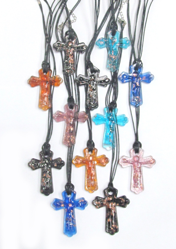 Assort color murano glass style cross pendant necklace - 12 pc dozen pack mens jewelry