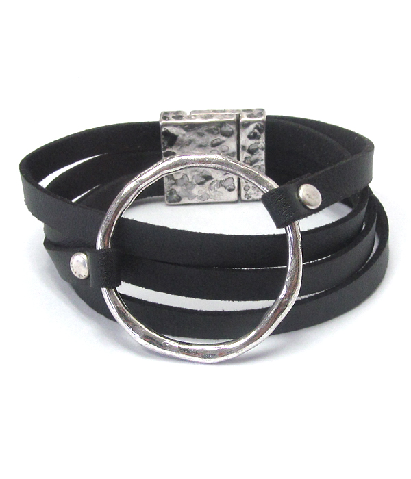 METAL RING AND MULTI LEATHERETTE BAND MAGNETIC BRACELET