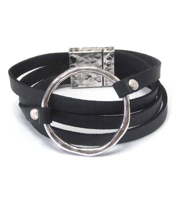 Metal ring and multi leatherette band magnetic bracelet