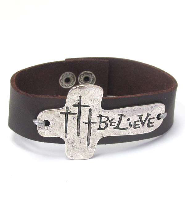 RELIGIOUS INSPIRATION CROSS AND LEATHERETTE BAND BRACELET - BELIEVE