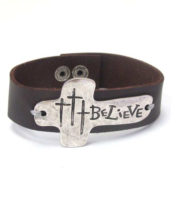 Religious inspiration cross and leatherette band bracelet - believe