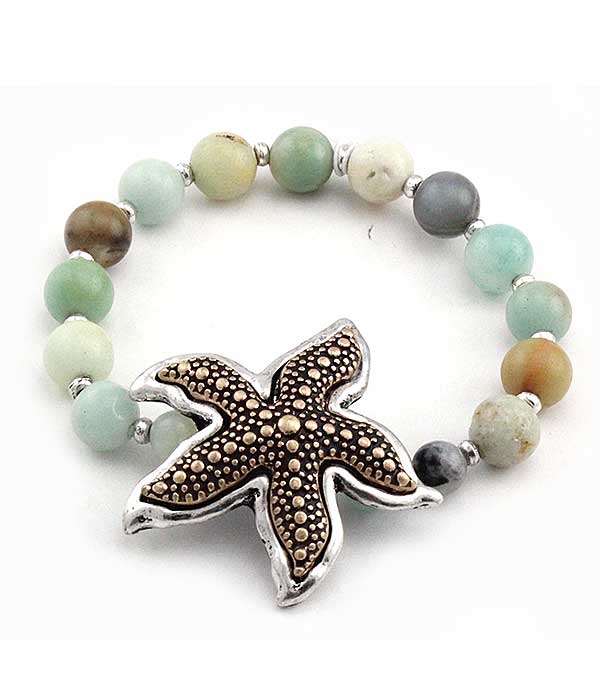 Sealife theme multi semi precious stone stretch bracelet - starfish