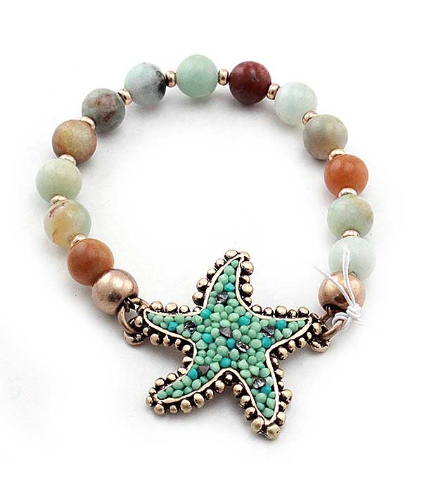 SEEBEAD STARFISH AND SEMI PRECIOUS STONE STRETCH BRACELET