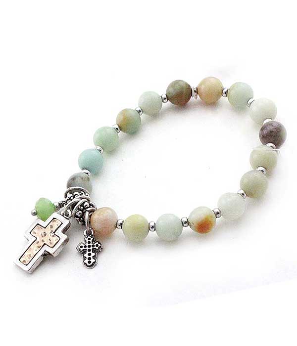 Cross charm semi precious stone stretch bracelet