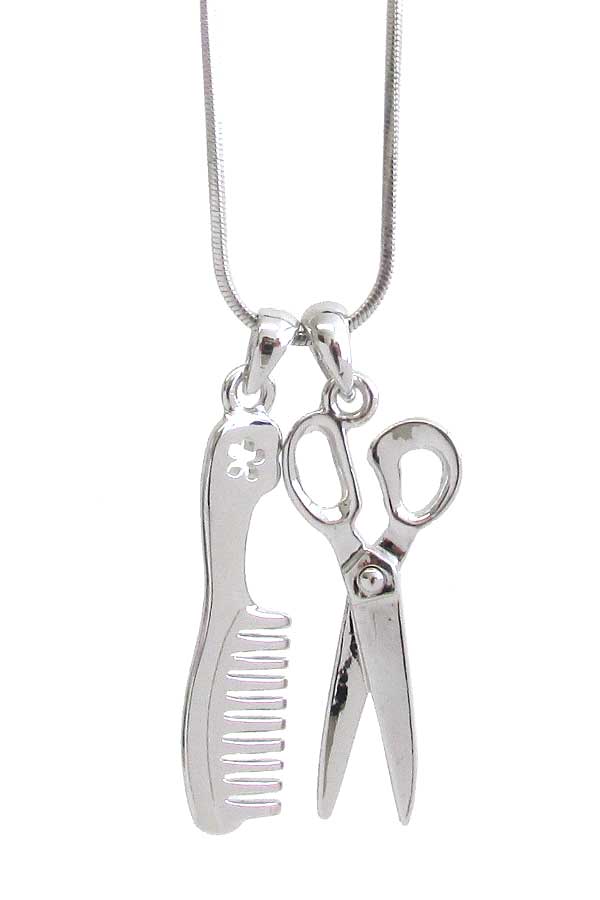 WHITEGOLD PLATING SCISSOR AND COMB PENANT NECKLACE