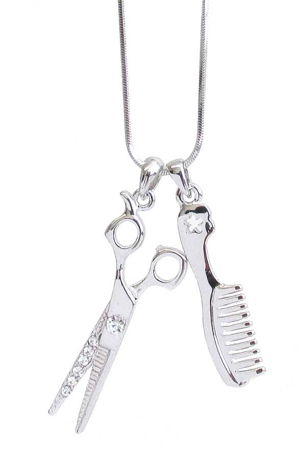 WHITEGOLD PLATING CRYSTAL SCISSOR AND COMB PENANT NECKLACE