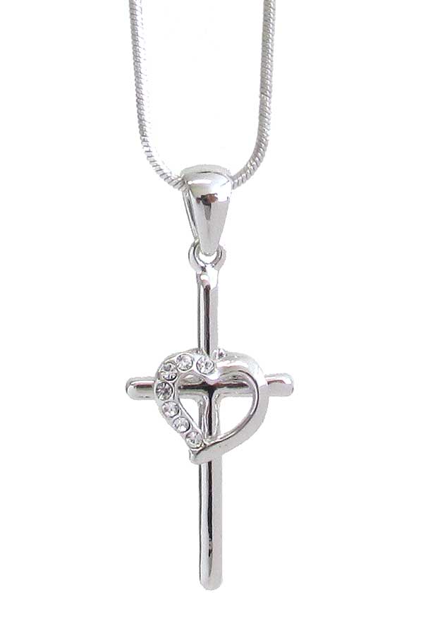 Made in korea whitegold plating crystal cross and heart pendant necklace-valen