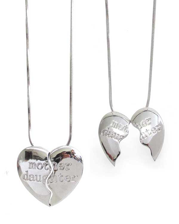 WHITEGOLD PLATING HEART PENDANT NECKLACE - MOTHER DAUGHTER