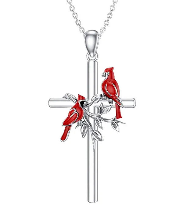 Cardinal bird cross necklace