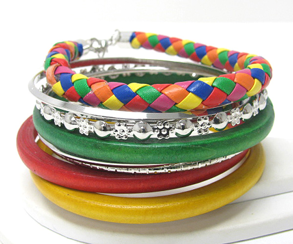 Multi row wood and fabric wrapped bangle set