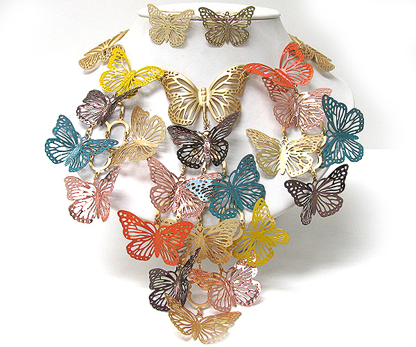 COLORED MULTI METAL BUTTERFLY LINK NECKLACE EARRING SET