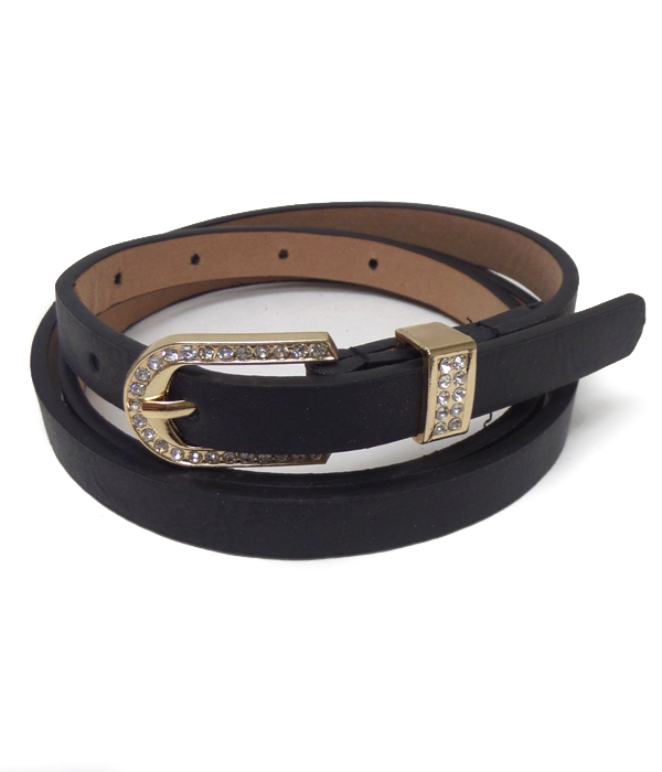 Crystal buckle leatherette skinny belt