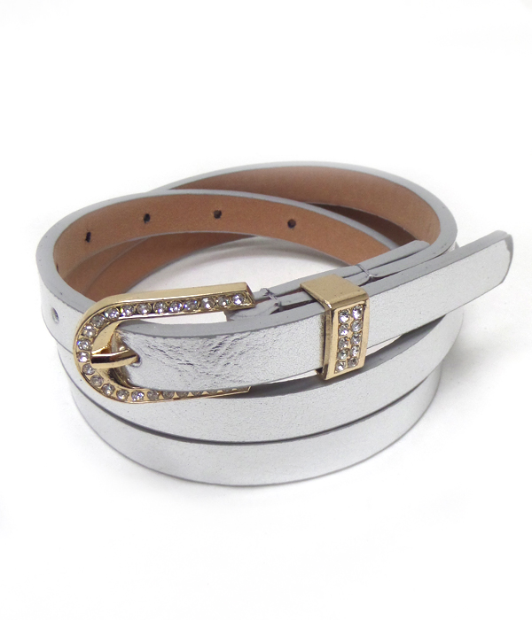 Crystal buckle leatherette skinny belt