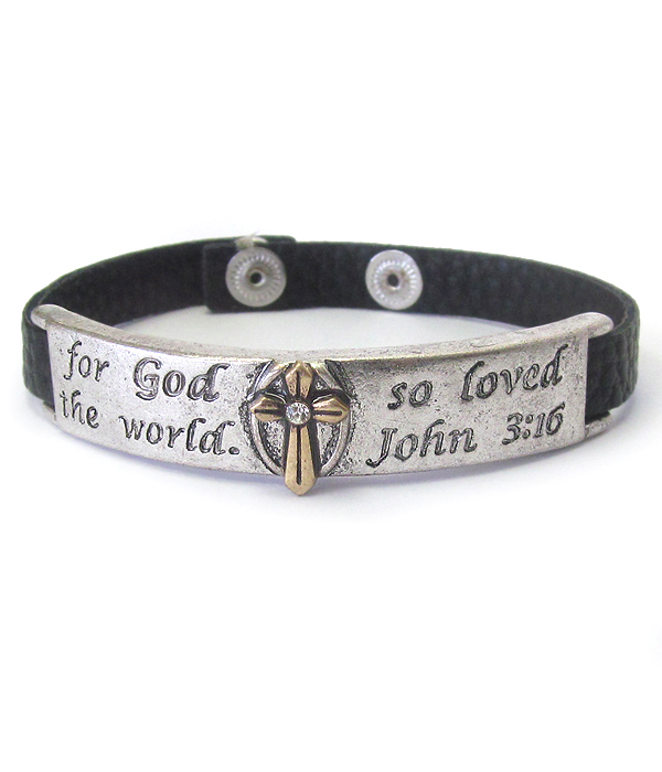 Religious inspiration message leather band bracelet - john 3:16