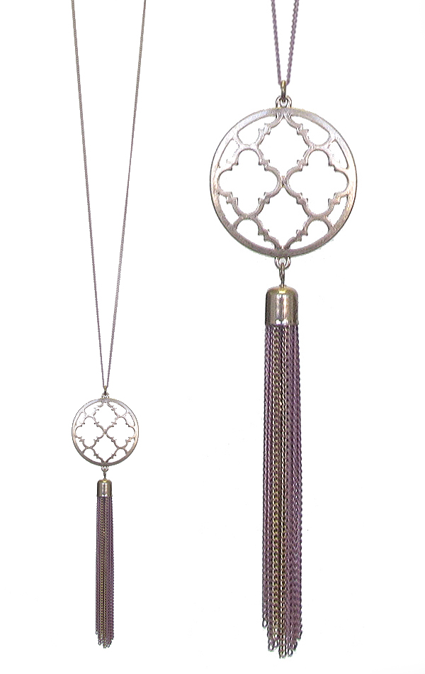 Quatrefoil pendant and fine chain tassel long necklace