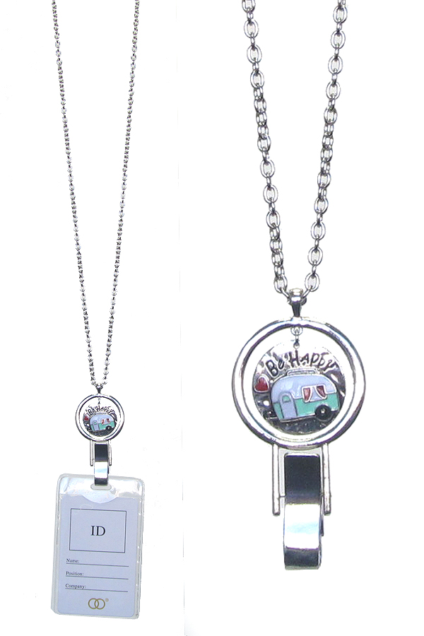 Metal casting id holder necklace - happy camper