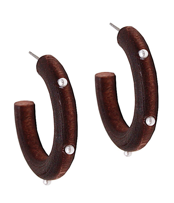 Pearl stud wood hoop earring