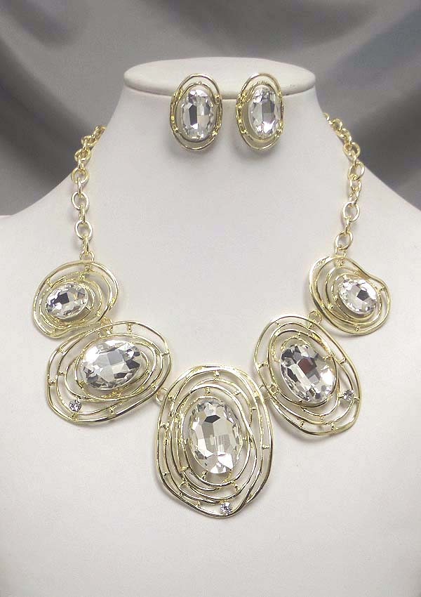 Facet glass and metal art necklace earring set