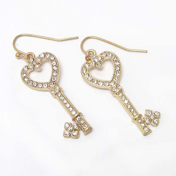 Premier electro plating crystal heart key earring -valentine