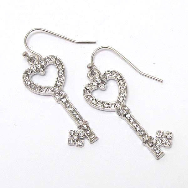 Premier electro plating crystal heart key earring -valentine