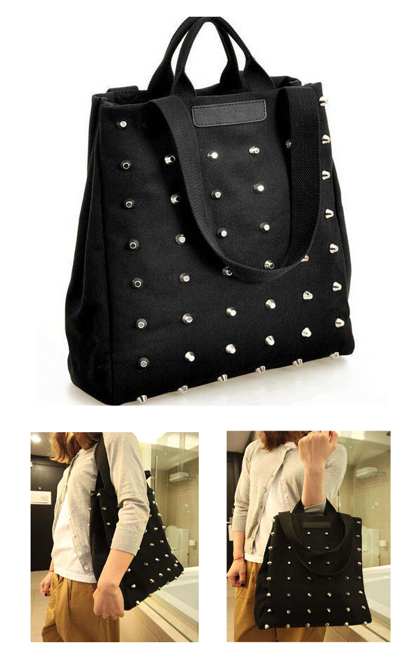 Metal stud cotton full size messenger shoulder bag