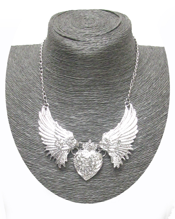 Metal heart and angel wing span bib necklace 