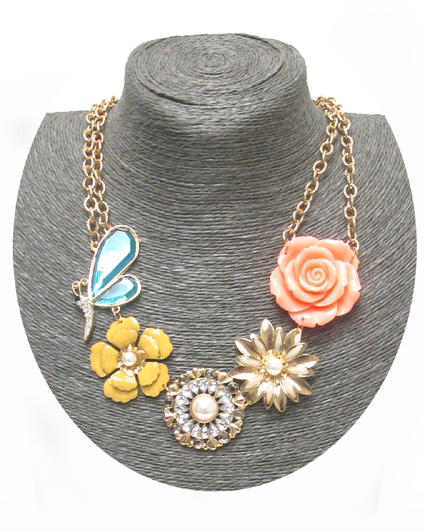 Vintage flowers and bugs linked necklace