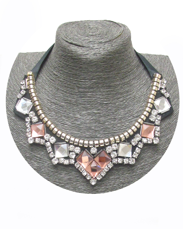 Crystals and beads deco ribbon back bib necklace 