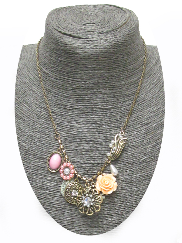 Vintage flowers charm drop necklace