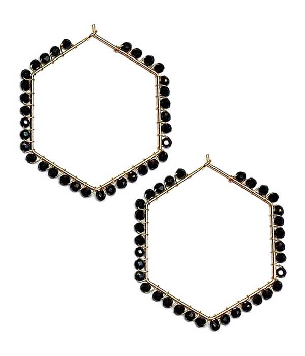 MULTI GLASS BEAD WIRE HEXGON HOOP EARRING