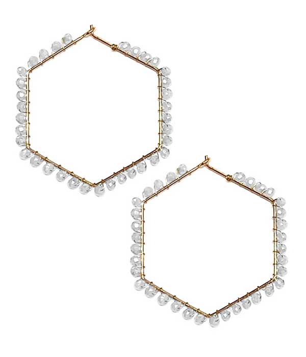 MULTI GLASS BEAD WIRE HEXGON HOOP EARRING