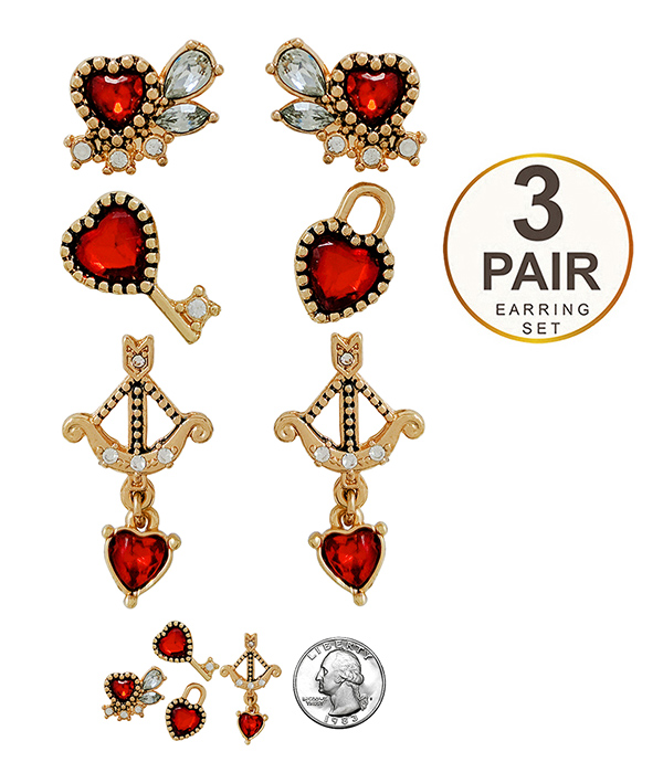 Valentine theme multi heart 3 pair earring set