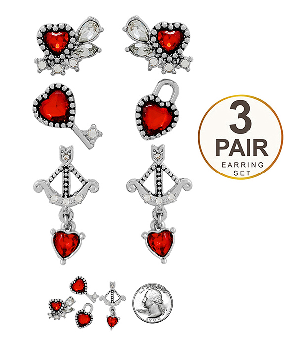 Valentine theme multi heart 3 pair earring set