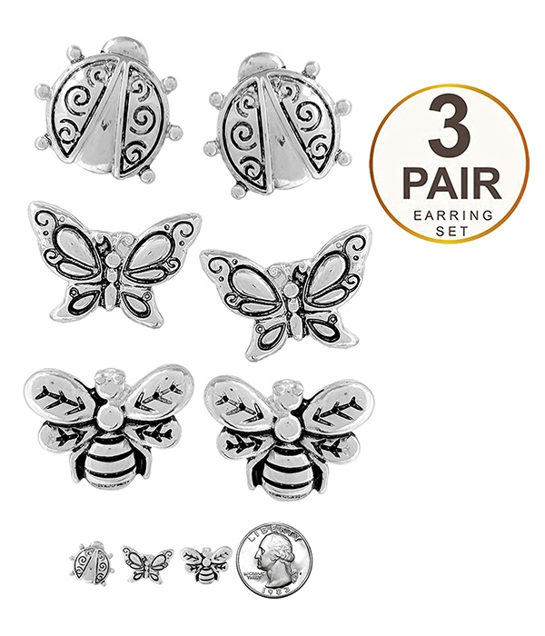 Garden theme 3 pair earring set - butterfly bee ladybug