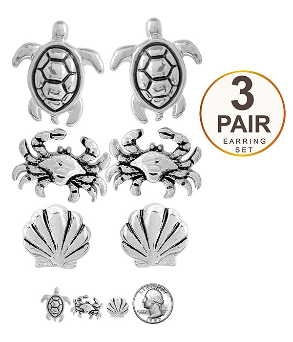 SEALIFE THEME 3 PAIR EARRING SET - TURTLE CRAB SHELL