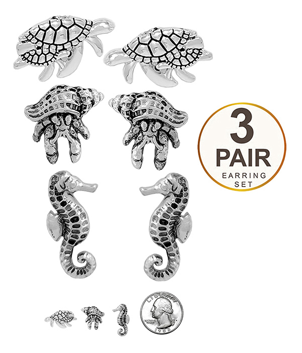 SEALIFE THEME 3 PAIR EARRING SET - TURTLE CRAB SEAHORSE