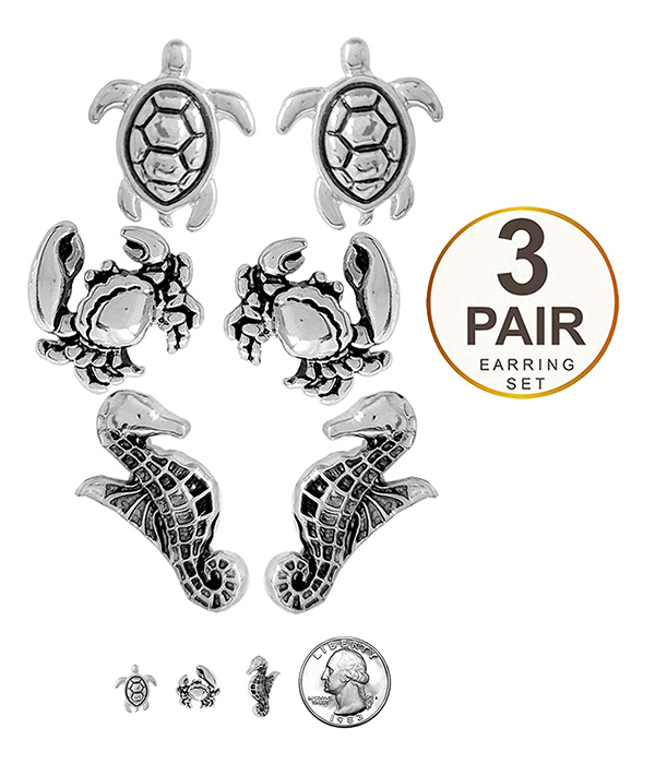 SEALIFE THEME 3 PAIR EARRING SET - TURTLE CRAB SEAHORSE