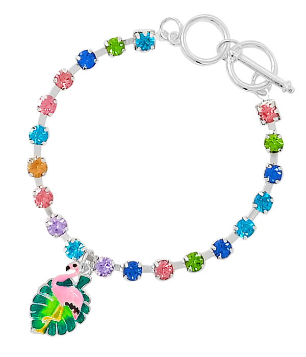 Tropical theme epoxy charm and crystal toggle bracelet - flamingo