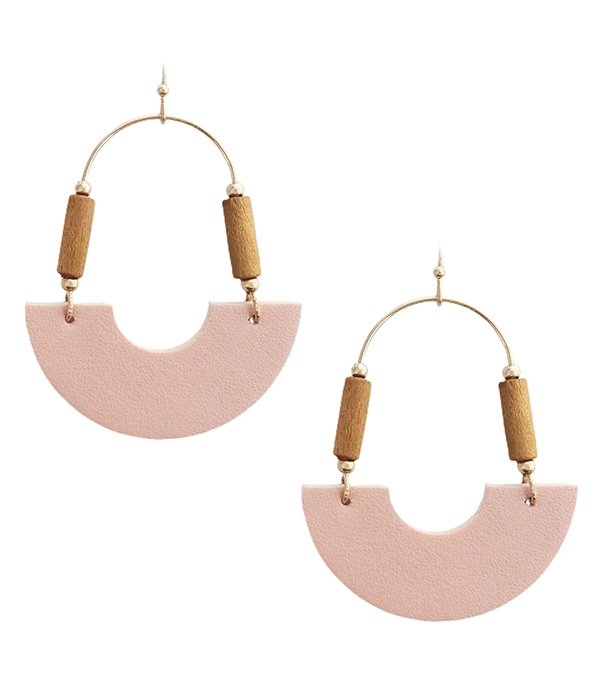 Leatherette half moon and wood tube bead earring