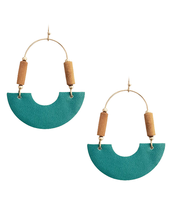 LEATHERETTE HALF MOON AND WOOD TUBE BEAD EARRING