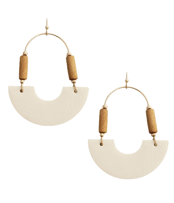 Leatherette half moon and wood tube bead earring