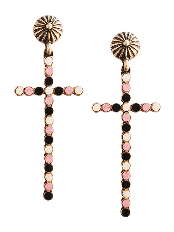 MULTI BUTTON BEAD MIX SKINNY CROSS EARRING