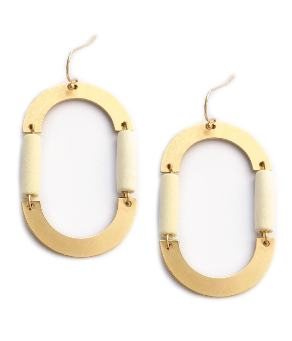 Brushed wood tube bead oval earring