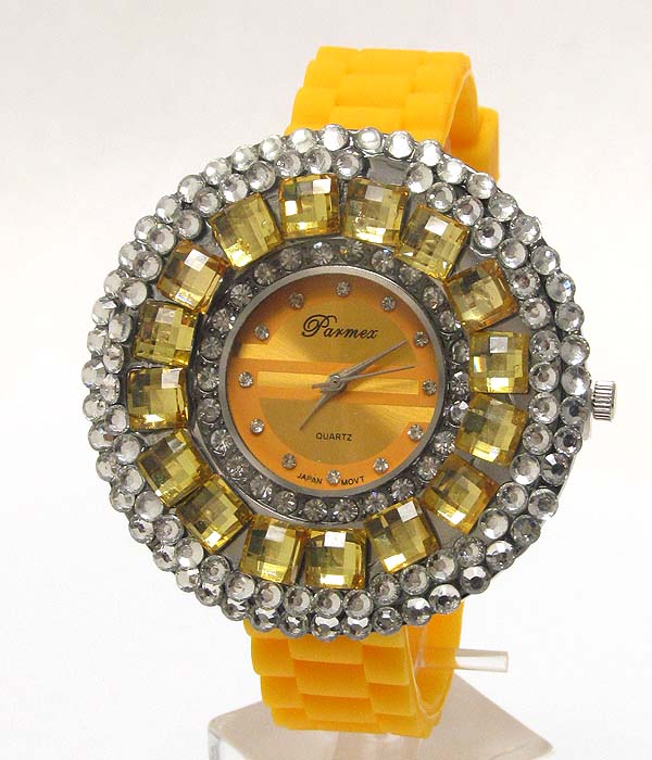 FULL ROUND FLAT FACE MULTI SIZE CRYSTAL FRAME FASHION RUBBER WATCH