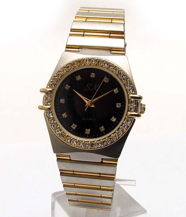 Crystal face deco metal band omega style watch