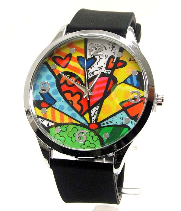 Color art face and rubber band romero britto style watch