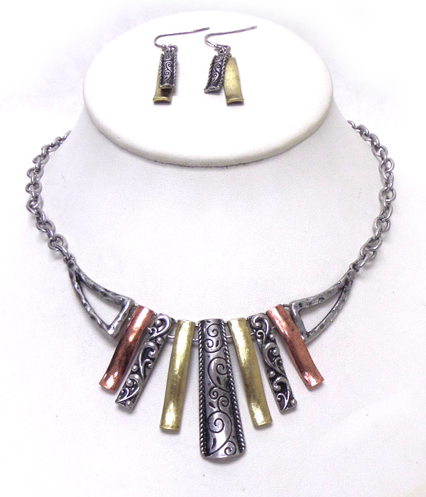 Metal filigree bar drop tribal look necklace set